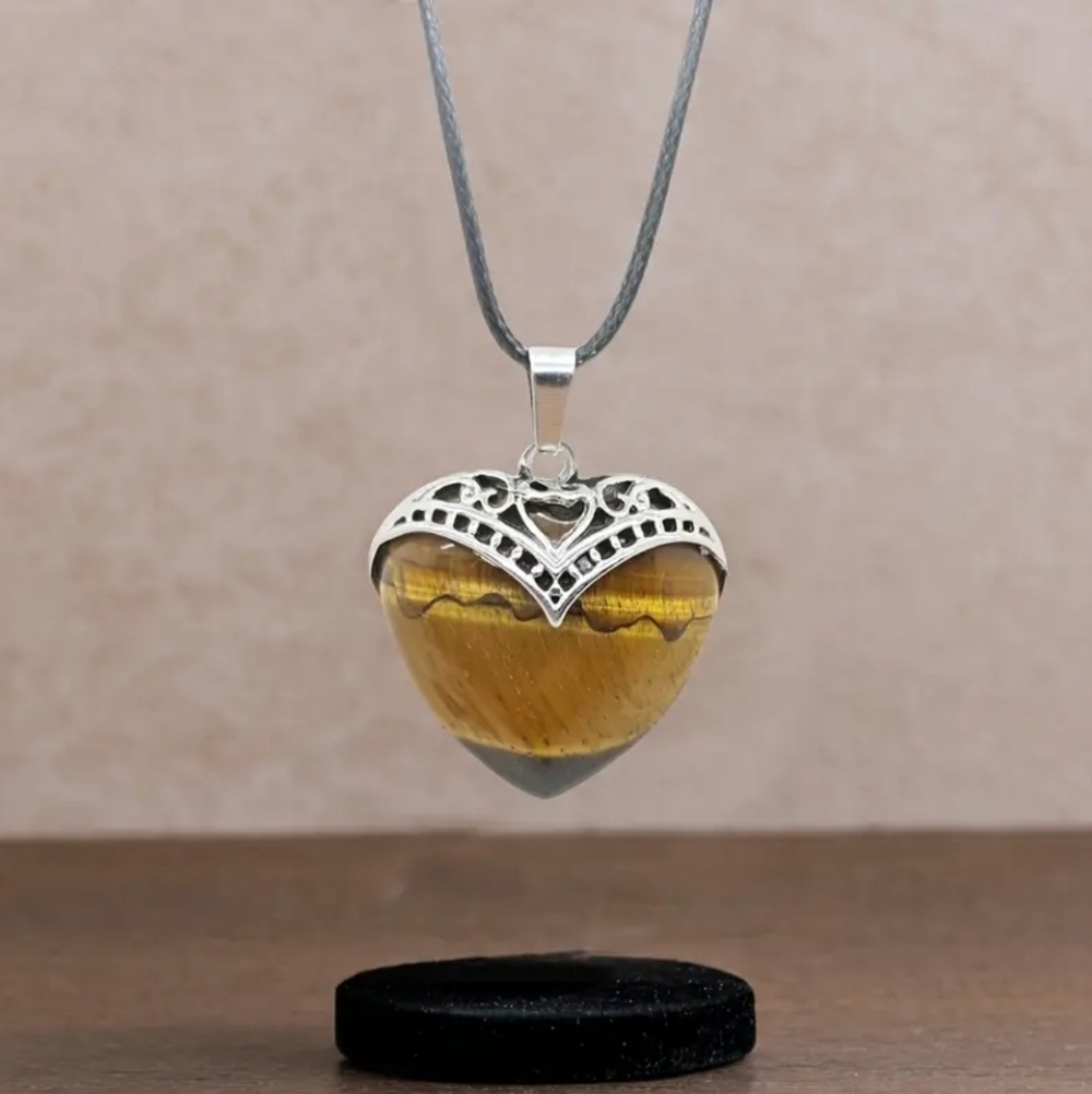 Tiger Eye Stone Heart Pendant, Silver Tone Accents & Black Cord